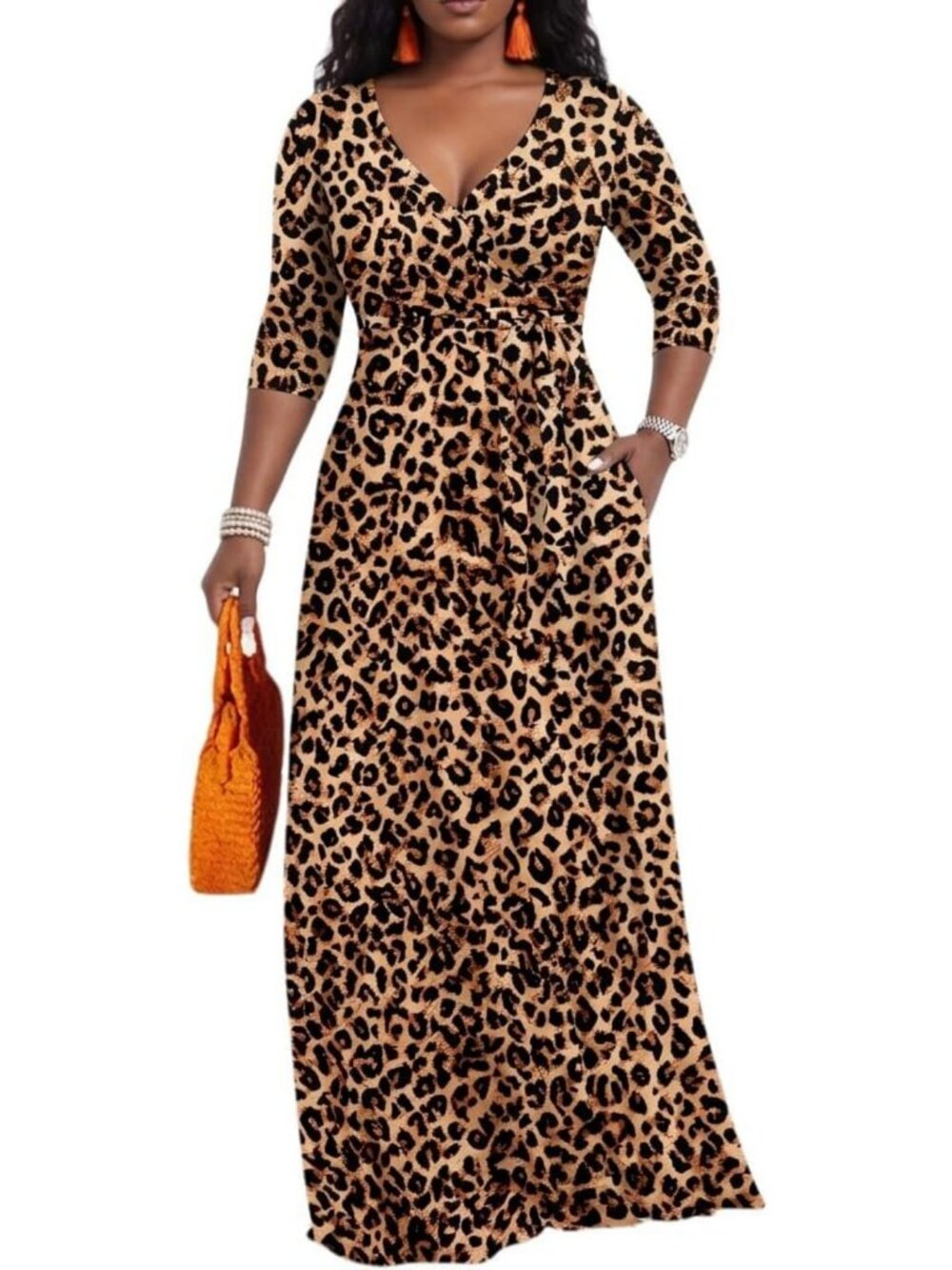 Stylish V-Neck 3/4 Sleeve Maxi Dress | Curvy Wrap Cocktail Dress with Belt